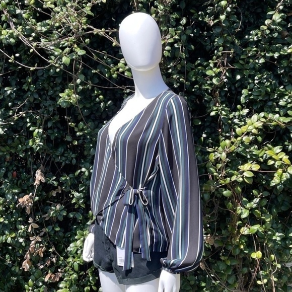 Express Bohemian Wrap Style Stripe Plunge V-Neck Blouse - Picture 6 of 11